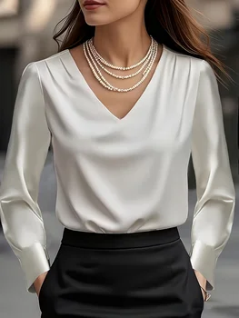 New Spring/Summer Stylish & Sophisticated Solid-Color Satin Blouse  Elegant Professional Office Wear and Date-Night Shirt for Wo 1
