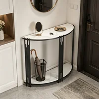 Console d'entrée demi-lune avec étagère ouverte, plateau en marbre blanc, structure en métal noir, table étroite pour entrée 3