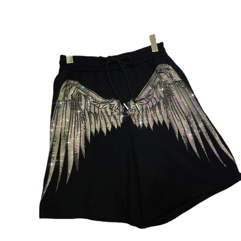 Heavy Industry Rhinestone Wings Black Elastic Waist Shorts Female 2023 Summer High Waist Wide Leg Shorts for Women Booty Shorts