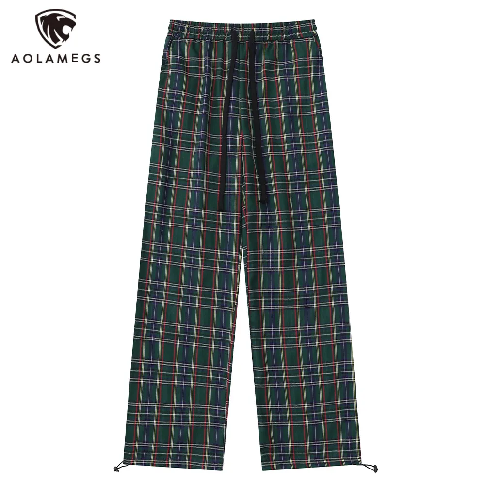 

Aolamegs Men Casual Straight Pants Plaid Stripes Drawstring Trousers Baggy High Street Pants Hip Hop Fashion Unisex Streetwear