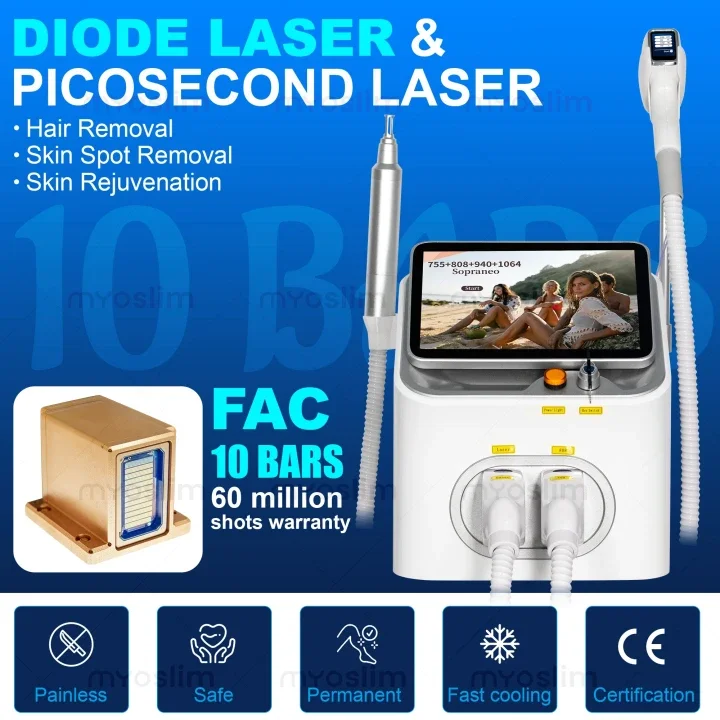 Máquina de Depilación Láser de Picosegundos 2 en 1, Diodo Nd yag para Eliminación de Tatuajes, 4 Ondas 1064nm