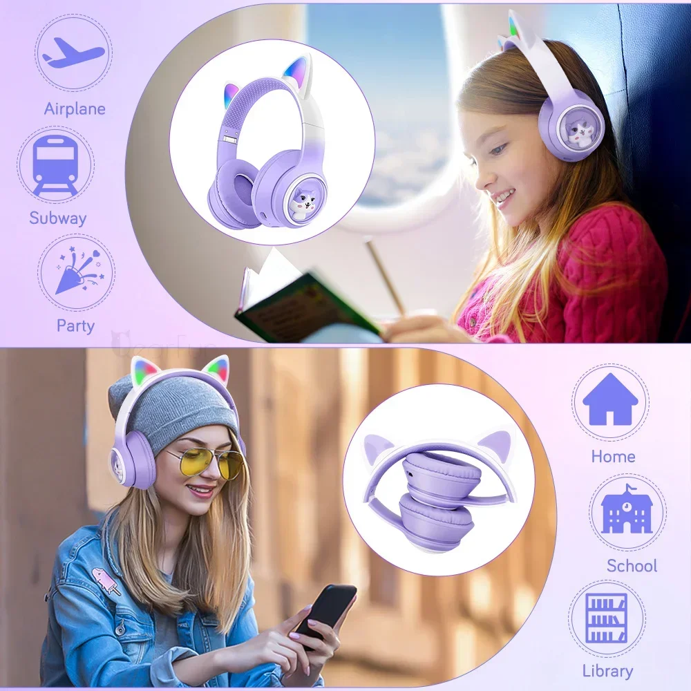 Gradient Cat Ear Headphones RGB Wireless Headphones Girls Kids Headset with Microphone Stereo Music Bluetooth Headsets Gifts