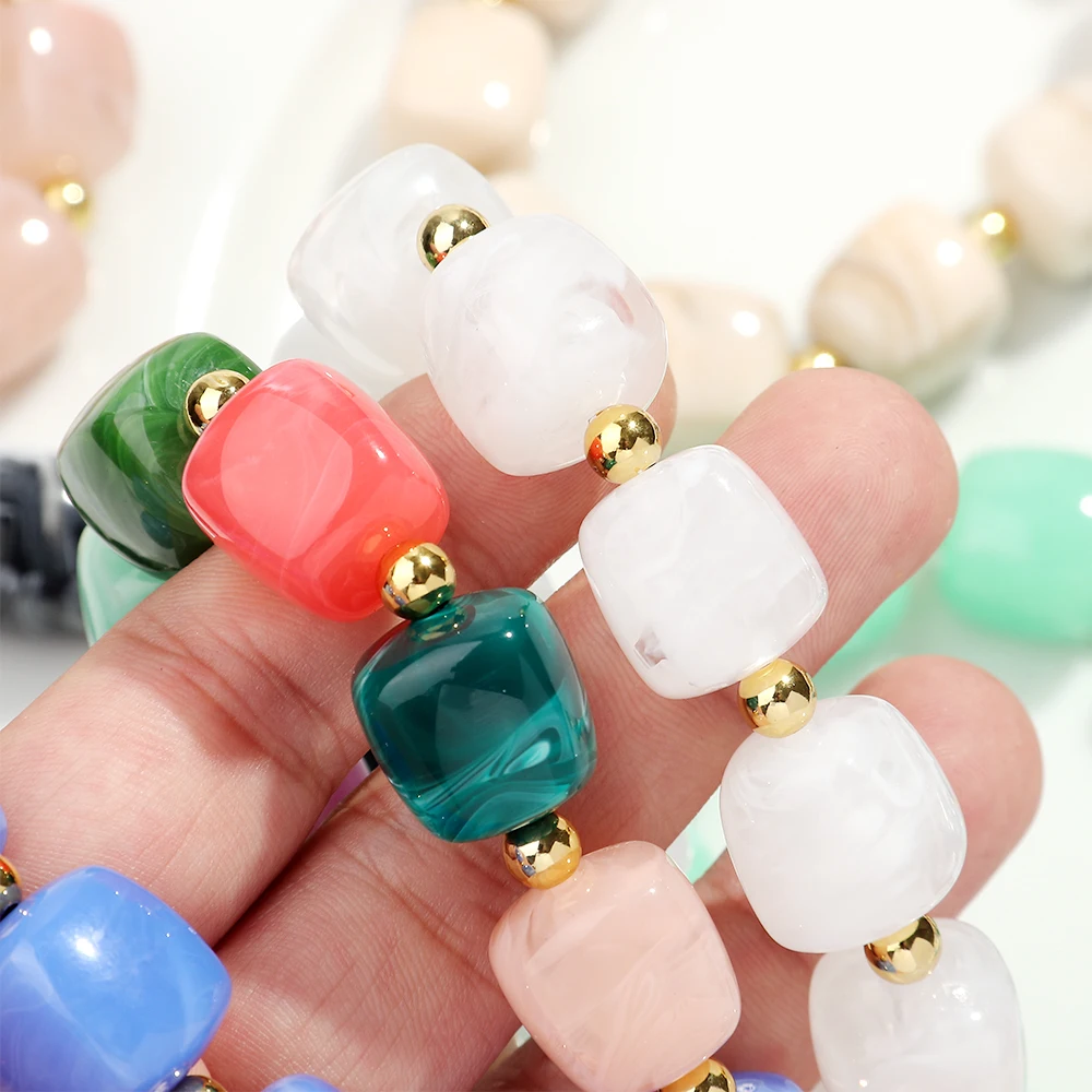 Exaggerated Geometric Beaded Acrylic Elastic Bracelets for Women Men Boho Trendy Square Beads Stack Bangle Retro Jewelry Gift