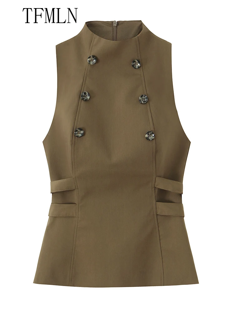 New 2025 Sleeveless Tank Tops For Women Fashion Causal Front Double Breasted Chic Tops Vintage Back Zipper Slim Street Lady Tops