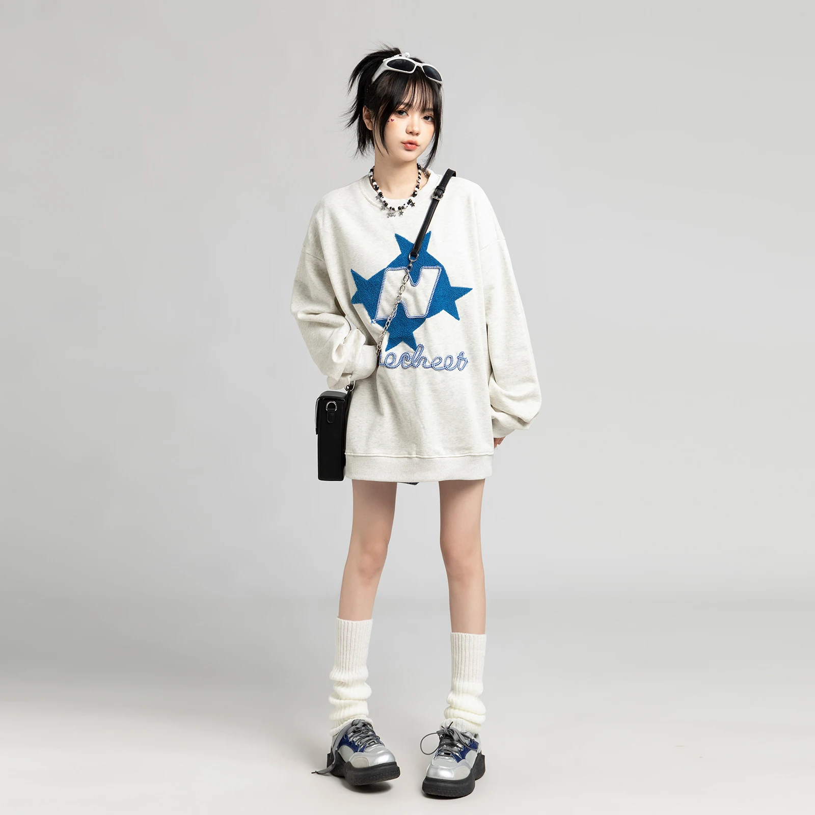 Sweet Cool Hot Girl Style Sweatshirt Women's Spring Autumn Round Neck Trend Embroidered Long Sleeve Loose Oversize Pullover