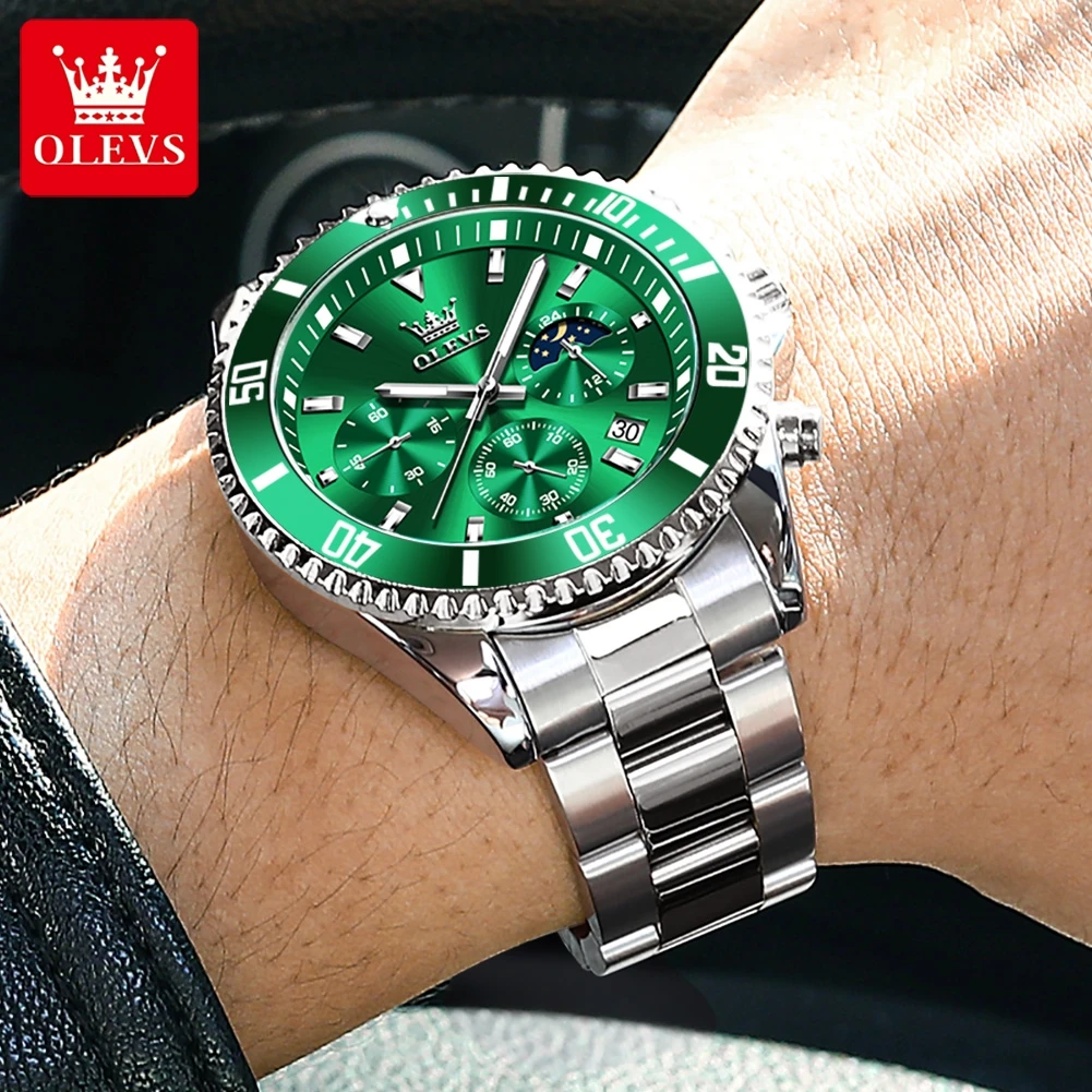 OLEVS 2870 Men's Watch Fashion Waterproof Green Water Ghost Quartz Watch Men's Brand Luxury Stainless Steel Band Sports Chronogr