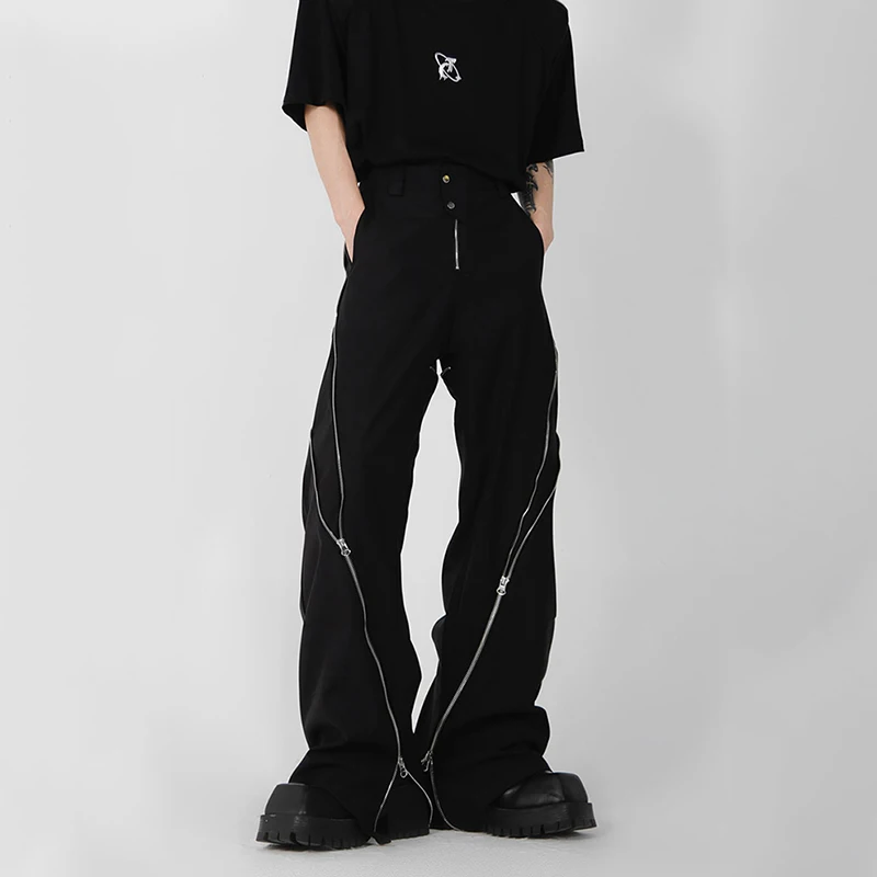 Niche Design Zipper Slit Men Trousers Straight Tube Casual Pants Wide Leg Darkwear Solid Color Male Fashion 9A5414