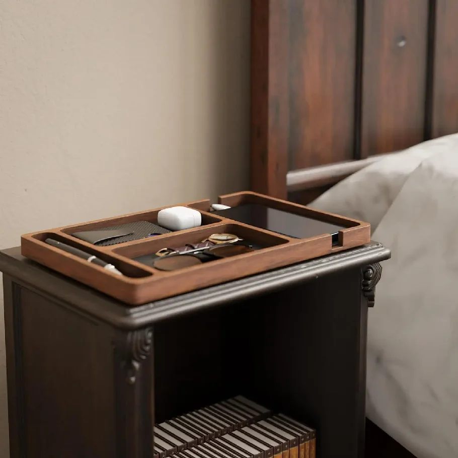 Scatola portaoggetti da scrivania in legno massello con divisori, organizer per cellulare, cuffie e piccoli oggetti, vassoio portaoggetti in legno - immagine 2