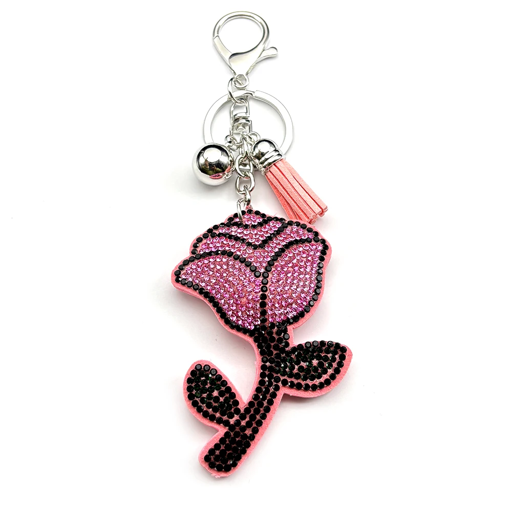 Schlüsselanhänger mit rosa Rosenblüten für Damen und Herren, voller Kristall-Strass-Quasten, eleganter Charm-Taschenanhänger, Damenschmuck, Valentinstag – Detail 9