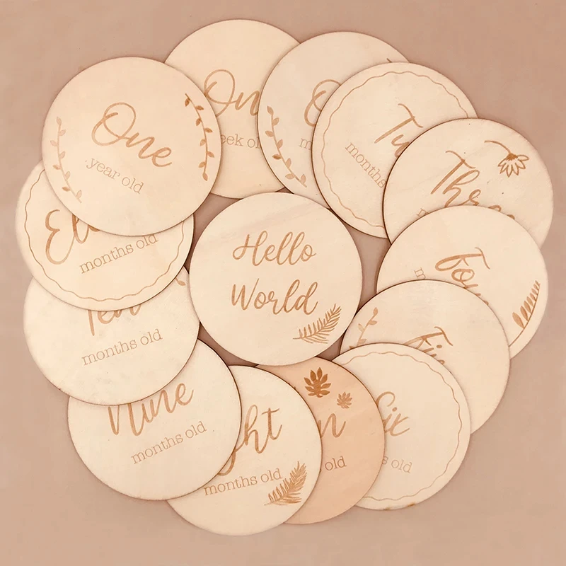 ABCPICK Baby Milestone Memorial Monthly Photography Engraved Wood Newborn Kid Age Card Number Photo Props Jewelry Accessories