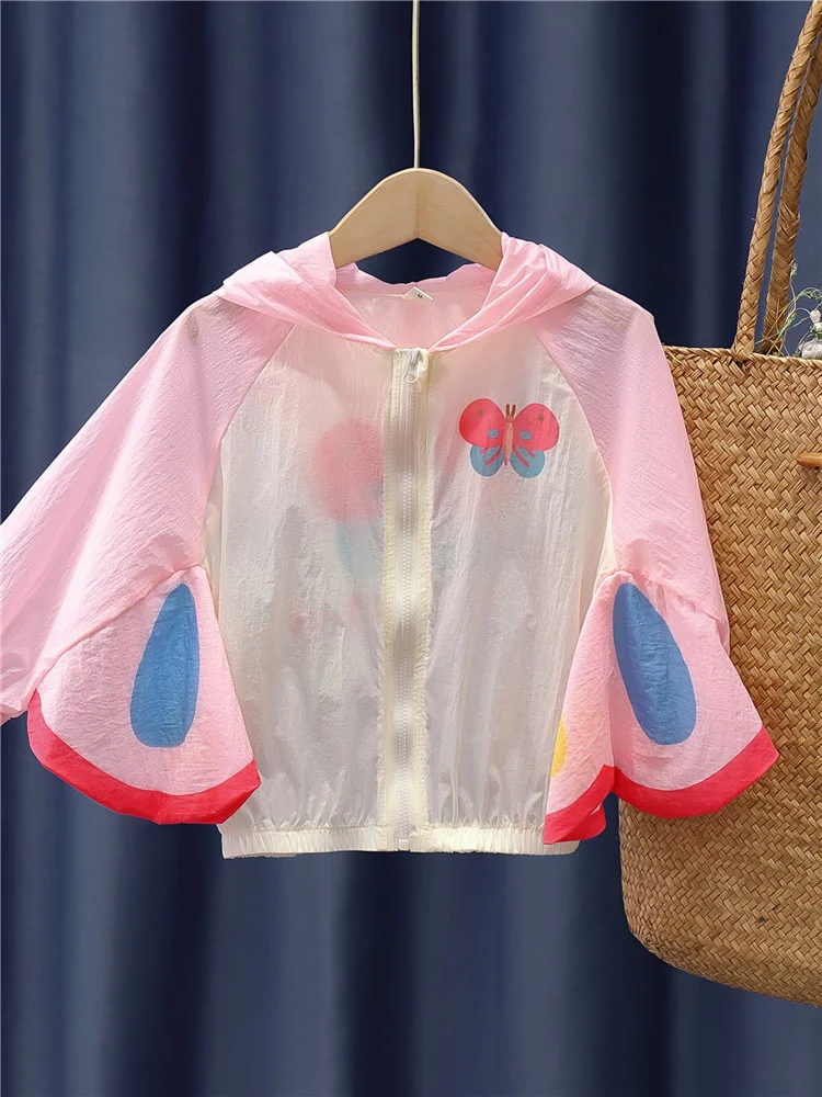

Girls' Butterfly Sweet Sunscreen Suit Children's Wear New Children's 3D Cartoon Thin Coat Girls' Skin Hooded Jacket Outerwear