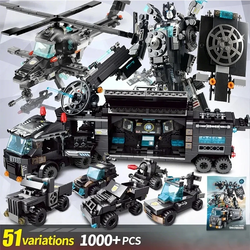 8 in1 Military Police Building Blocks Set Model Car Aircraft Mecha Transform Rob