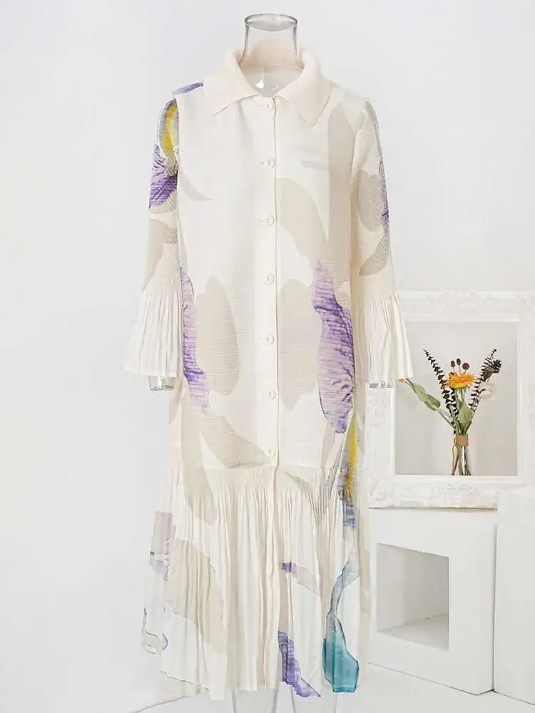 LANMREM 2024 New Pleated Print Dress For Women Fashion Lapel Single Breasted Loose Long Contrast Color Female Dresses 2DA4600 - Image 6