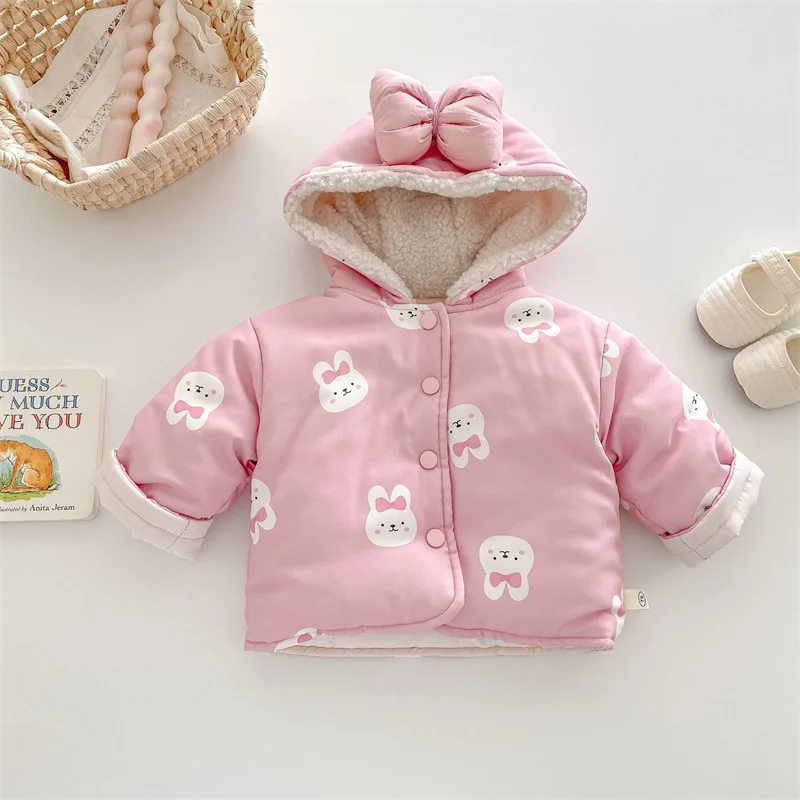 Children's Winter Coat Pink Bow New Hooded and Velvet Warm Thick Cotton Jacket Kids Outerwear Hoody for Girl