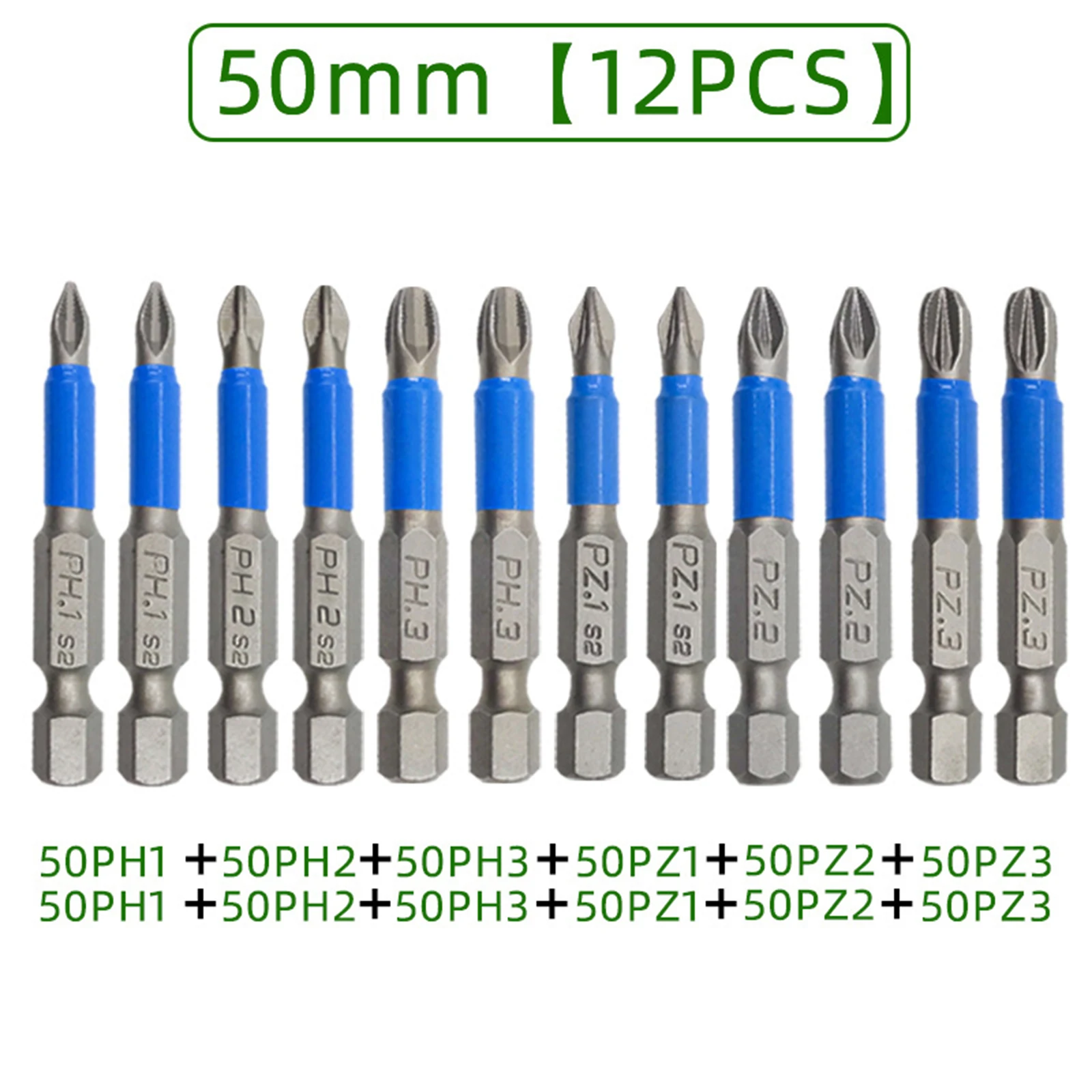 

12pcs 50mm PH1 PH2 PH3 PZ1 PZ2 PZ3 Magnetic Screwdriver Bit Set 1/4" Hex Shank Anti Slip Phillips Electric Power Tool Accessory