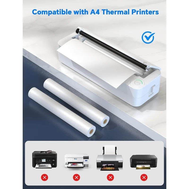 A4 Thermal Printer Paper 2Rolls Compatible with Portable Printers Wireless for Travel and Other Portable Thermal Printers, White