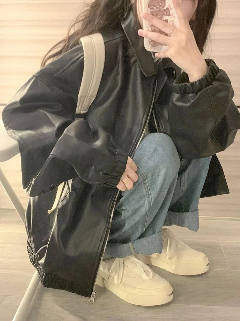 

Loose Moto Biker Jackets Women Fashion Faux Leather Coats Women Elegant Autumn Korean Short PU Jackets Female Ladies