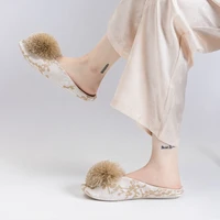Satin Embroidery Flat Slippers Women Fashion Hairball Decoration Designer Shoes Cozy Lightweight Indoor Non-Slip Cotton Slippers - Image 5