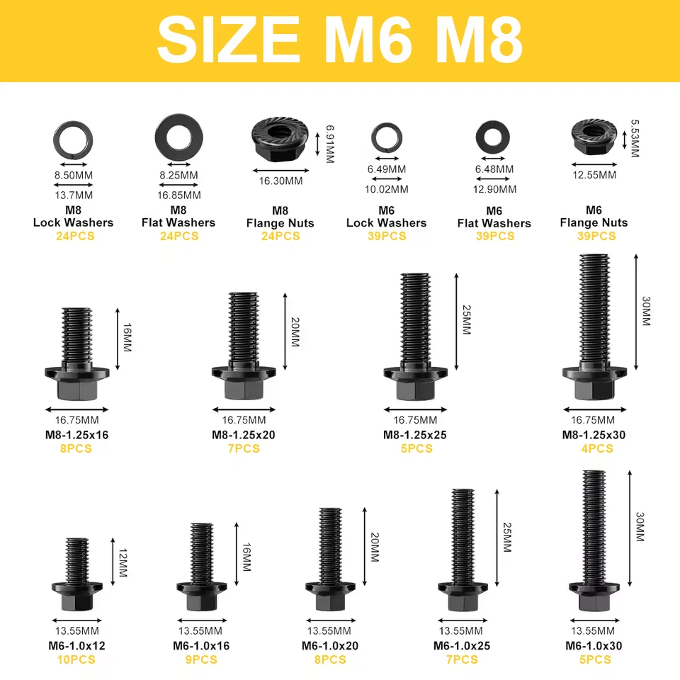 Outer Hexagon Flange Bolt Nut Screw Spring Gasket Combination Set Black Carbon Steel Screw Box Hardware 252pcs
