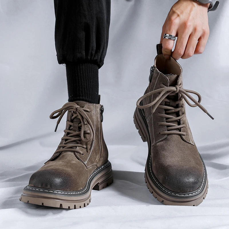 

Men British Style Work Clothes Shoes Large Toe Leather Shoes High Top Lace Up Men's Casual Boots Non-slip Trend Rubber Men Boots