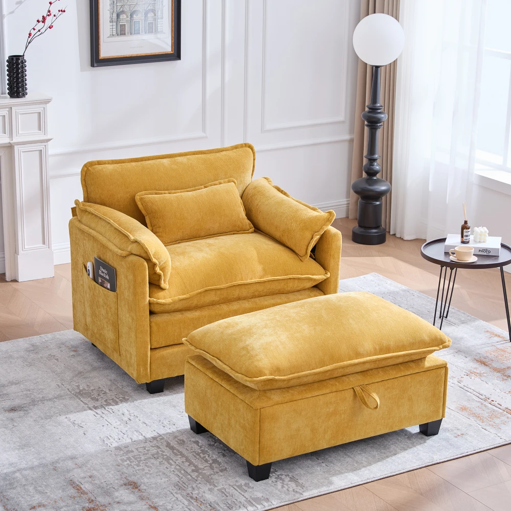 Moderner übergroßer Sessel mit Fußstütze und Hocker, Samt-Loungesessel mit Seitentaschen und Kissen, bequemer Lesestuhl – Detail 38