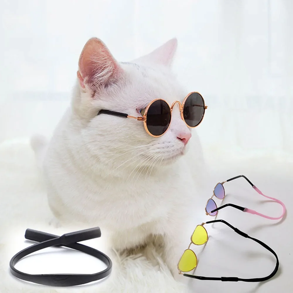 Pet Sunglasses Cat Dog Round Metal Classic Retro with Anti Slip Belt Pet Party Costume Photo Props