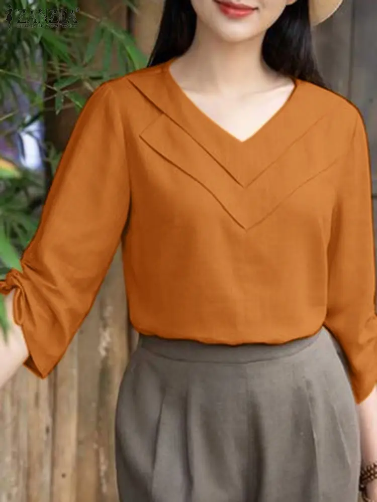 

ZANZEA Fashion 3/4 Drawstring Sleeve Blusas Casual Women Blouses Holiday V-Neck Patchwork Tops 2023 Autumn Elegant Solid Tunics
