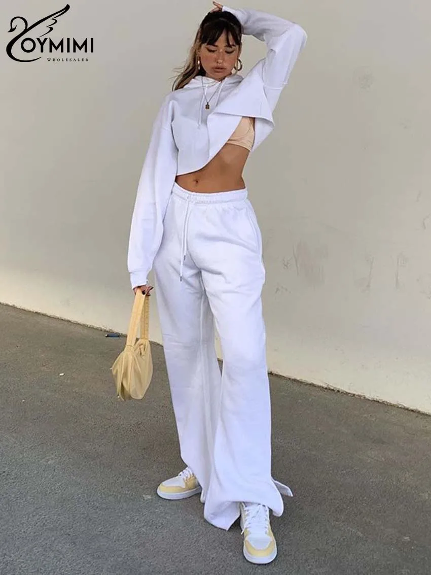 Oymimi Casual White Knitting Sets For Women 2 Pieces Elegant Long Sleeve Hooded Collar Crop Tops + Drawstring Slit Pants Sets