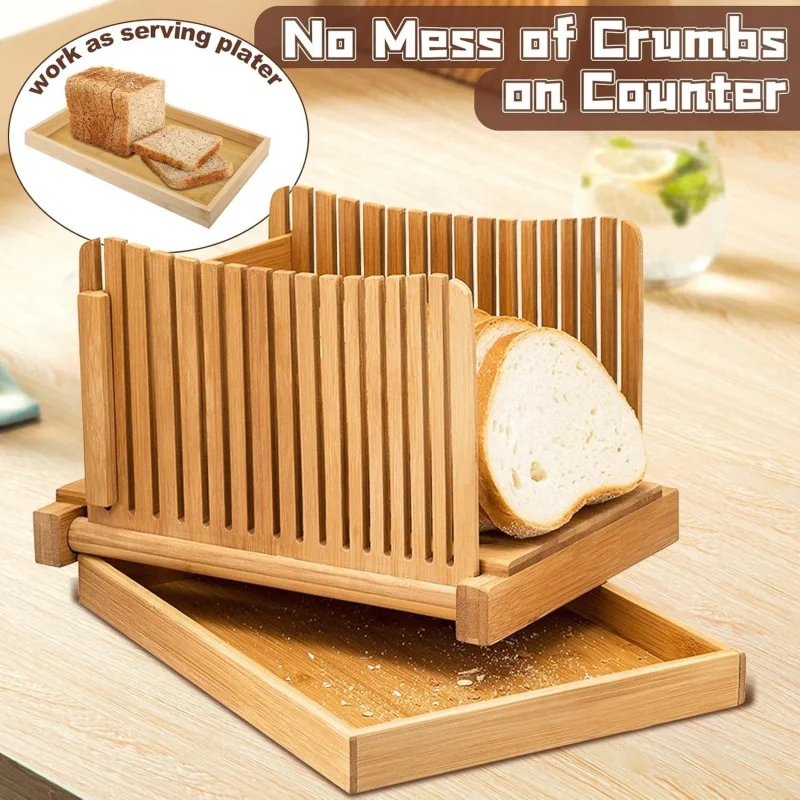 Home-use Manual Bread Slicer, Bamboo Bread Slicer, Adjustable Thickness, with Tray for Holding Breadcrumbs, Baking Supplies