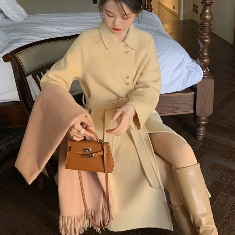 Women's High-End Reversible Cashmere Coat, Long, Below the Knee, Hepburn Style, Loose Woolen Outwear, Female Casual Top, Winter