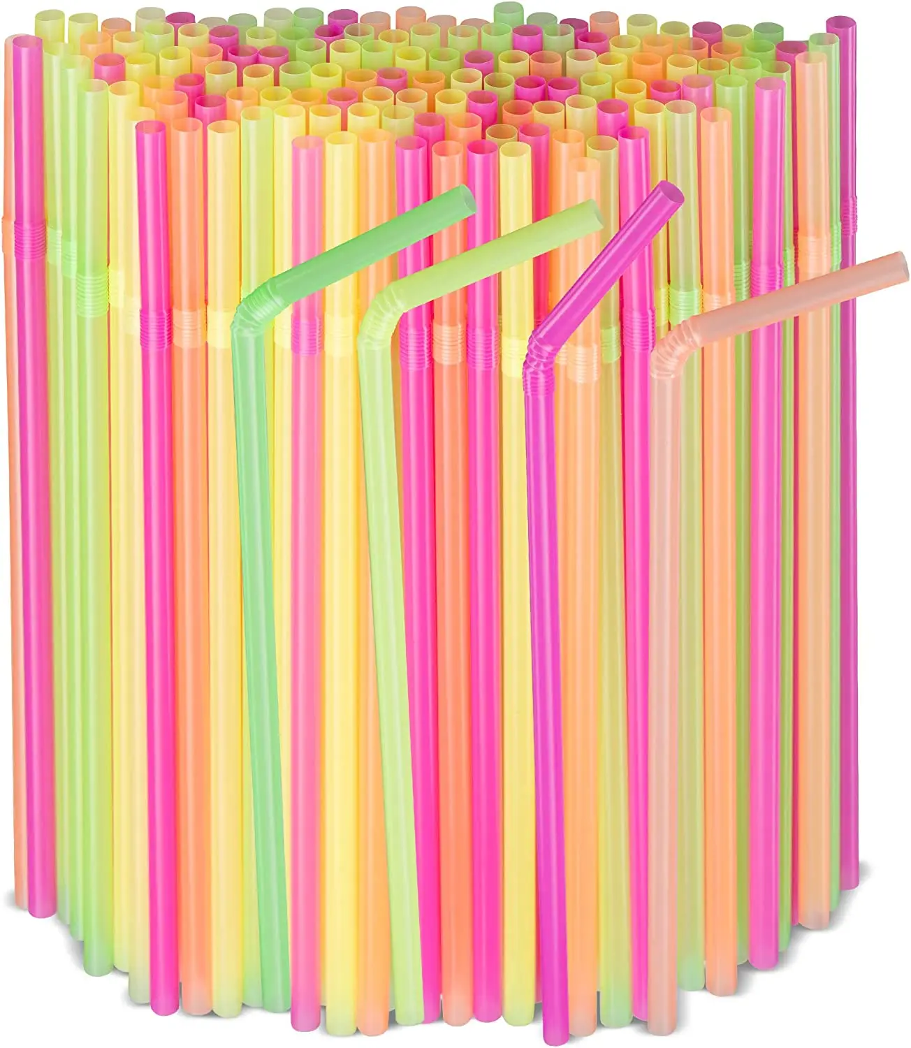 Drinking Straws Neon Colored Flexible Plastic Disposable 8.2'' inches Tall Assorted Colors 1000-100Counts