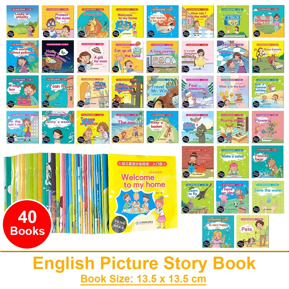 Conjunto de 40 livros de bolso para crianças, livro de aprendizagem de palavras em inglês, leitura para dormir, iluminação da primeira infância, auxiliares de ensino montessori