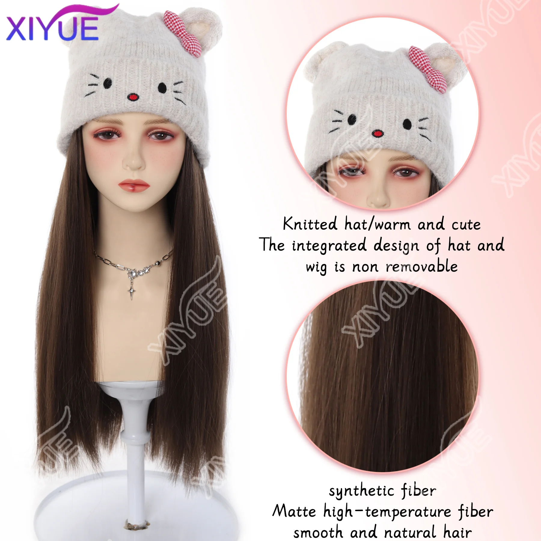 XIYUE Synthetic Long straight hair Cat Ear Lovely Bow Style Winter Knitted Hats Wig Hair Extension heat-resistant For womendaily