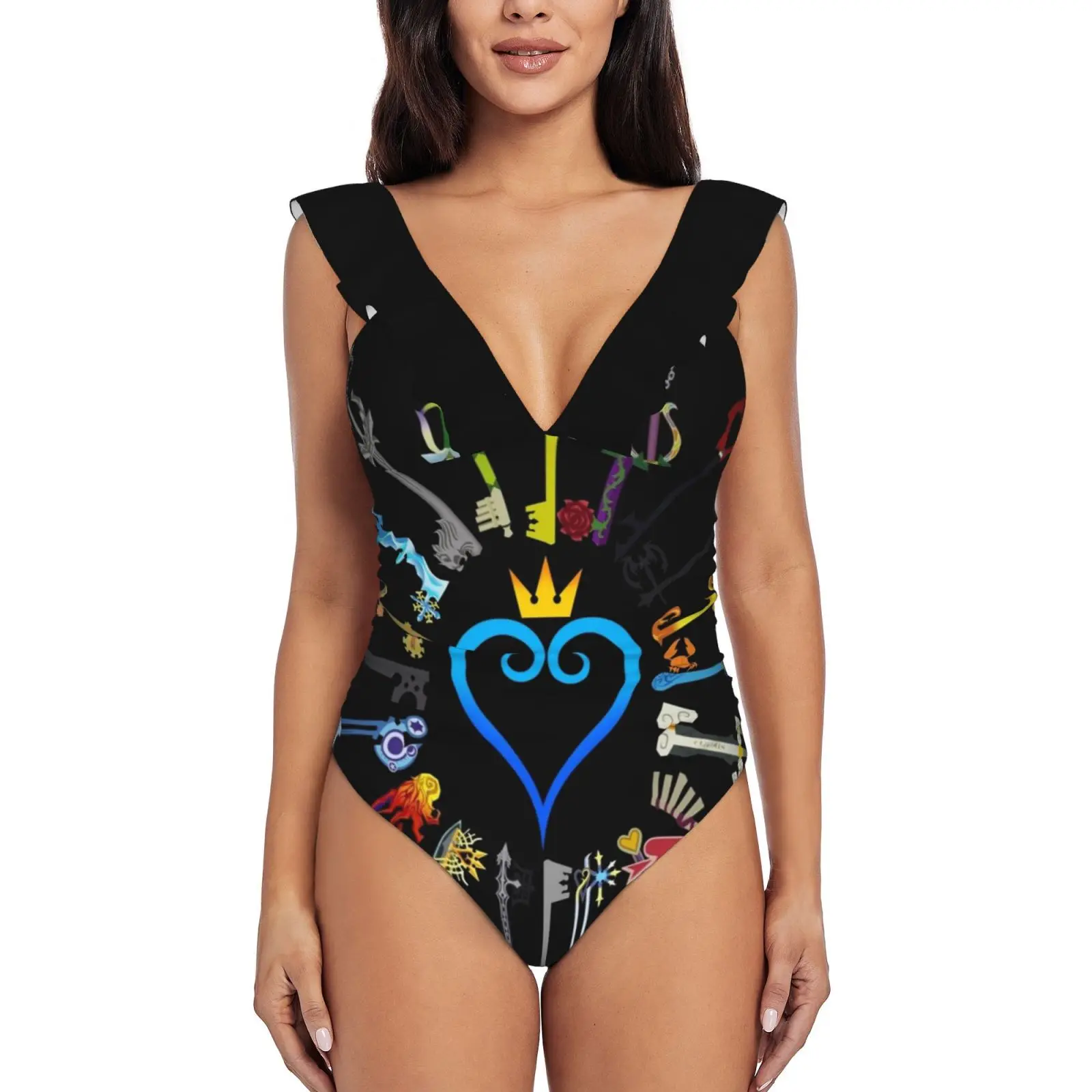Kingdom Hearts Keyblades Sexy One Piece Swimsuit Women Ruffled Swimwear Women Print Monokini Female Beachwear Kingdom Hearts