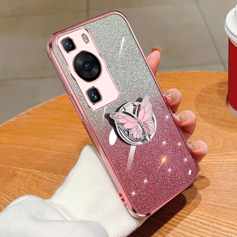 

P60 P50 Mate 60 Cover For Huawei P60 Pro P50 P40 P30 Mate 60 50 40 30 Gradient Butterfly Bling Folding Stand Plating Back Case