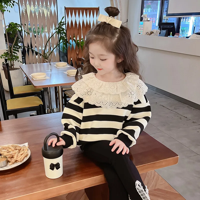 

Girls Hoodie Top Spring and Autumn Hoodie 2024 New Foreign Children Clothes Girl Baby Children Spring Korean Striped Spring Top