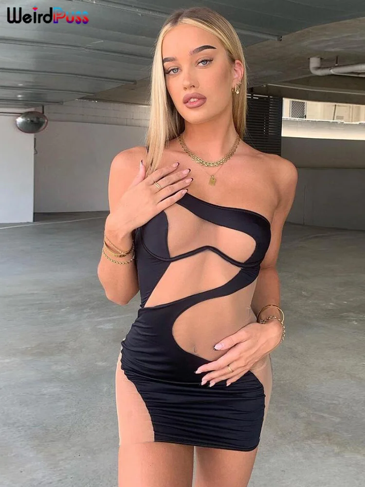 Weird Puss 2022 Mesh Patchwork Sexy Dress Women Sleeveless One Shoulder Skinny Summer Vacation Birthday Party Clubwear Bodycon 3