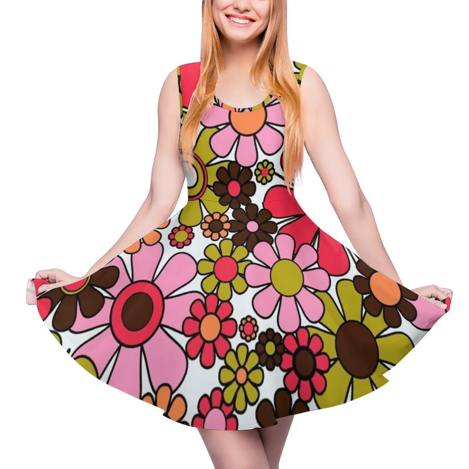 Retro Garden Flowers Groovy 60s 70s Floral Pattern in Pink, Dark Brown, Avocado Green, Orange, and Black Sleeveless Dress