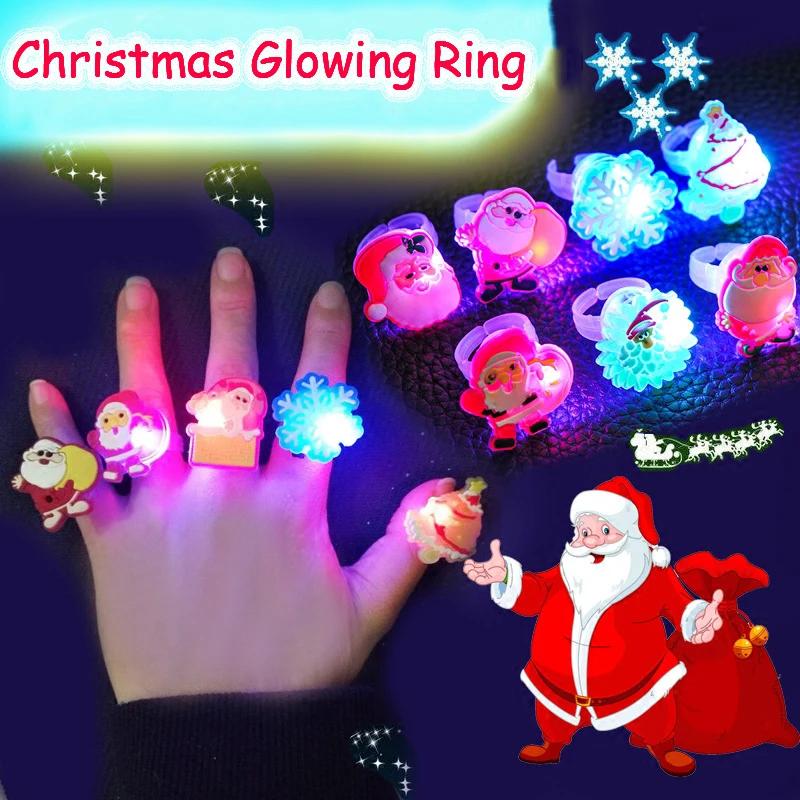 

12Pcs Random Cute LED Glowing Ring Christmas Decoration Santa Claus Snowflakes Snowman For Kids Gifts New Year Party Supplies