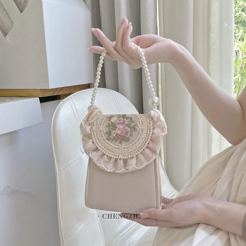 Vintage Embroidery Purse and Handbag Women Luxury Pearl Handle Totes Pink  Flowers Clutch Evening Party Bag Small Designer Bags