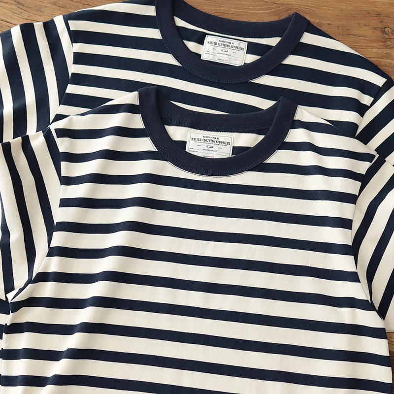 

Summer New 230g American Retro Short Sleeve O-neck Navy Striped T-shirt Men's Fashion 100% Cotton Washed Heavyweight Casual Tops
