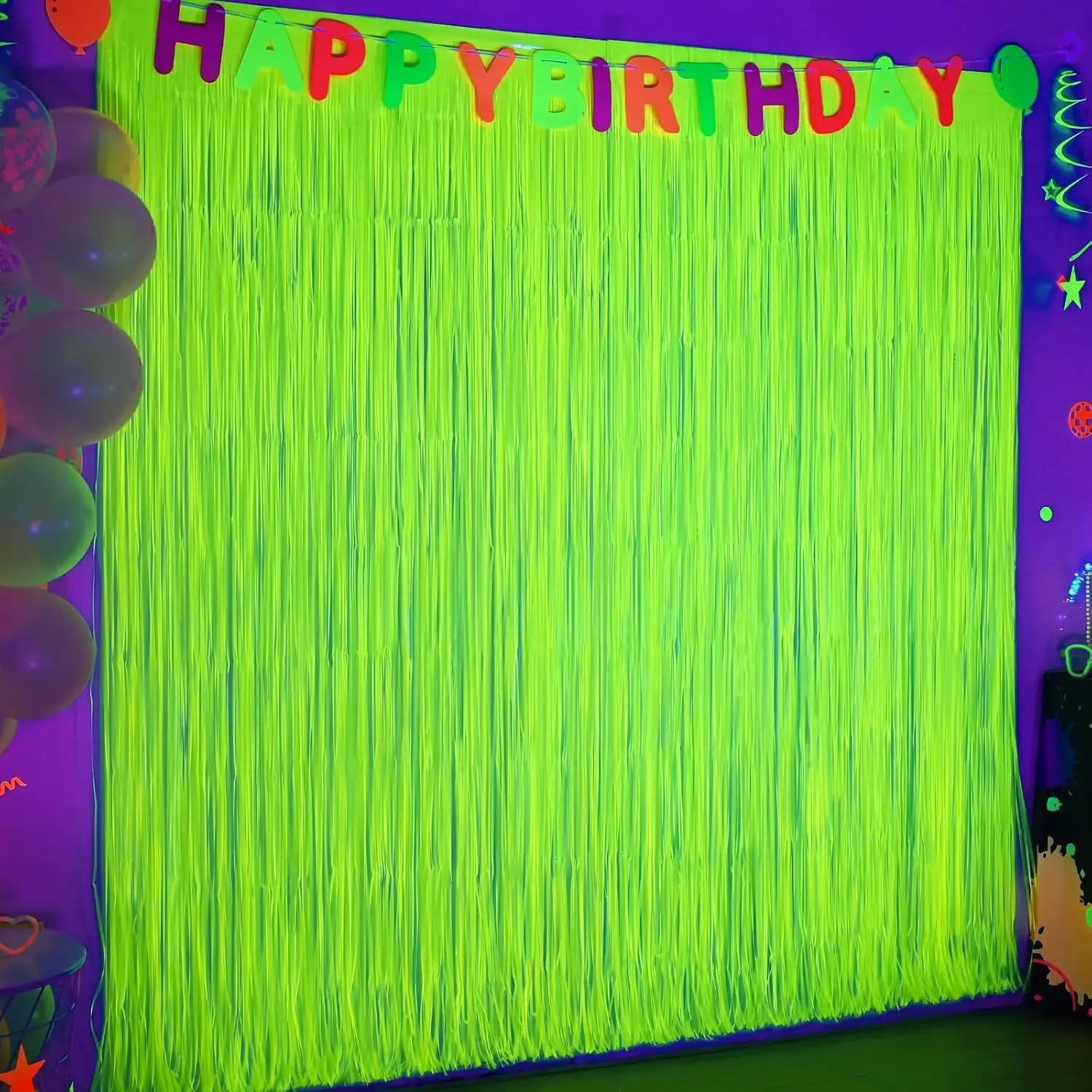 Glow Party Neonfolie Fransen Vorhang Hintergrund Alles Gute zum Geburtstag Papier Banner Girlande UV Schwarz Licht leuchten im Dunkeln Dekoration – Detail 1