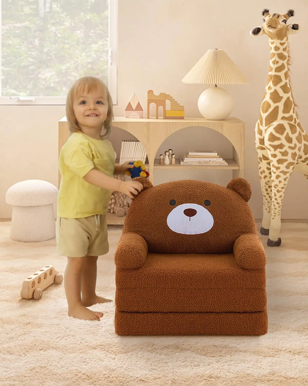 Kids Couch Fold Out to Lounger, Foldable Baby Sofa Plush for Girl and Boy Age 18 Months and Up （ Brown Bear） 4