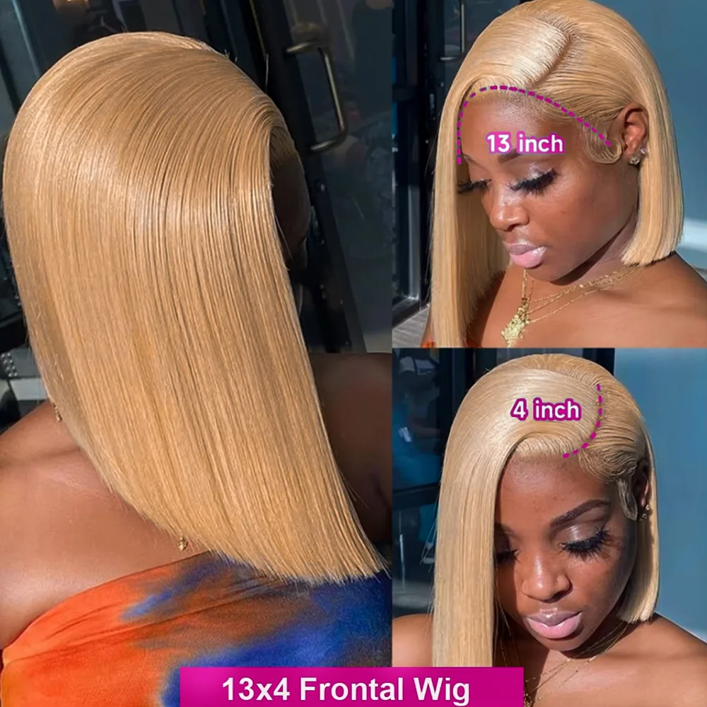 200% Density 30#Honey Blonde Straight Short Bob Wig Brazilian Hair 13x4 Lace Front Human Hair Wig Pre Plucked with Baby Hair
