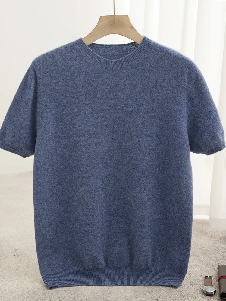 Men Classical T-shirt 100% Merino Wool Sweater O-neck Short Sleeve Pullover Smart Casual Basic Clothing Cashmere Knitwear Tops