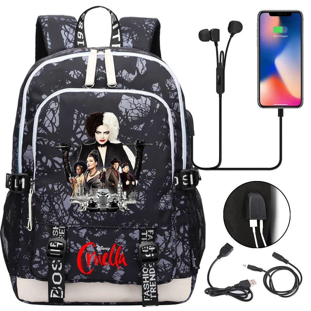 

Disney Movie Cruella de Vil School Bags For Teenager USB Charging Laptop Backpack Boys Girls Student Book Bag Mochila Travel Bag