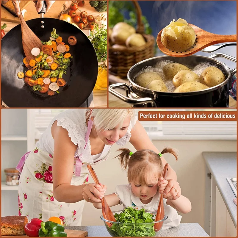 1Pc Wooden Spoons Cooking Wooden Utensils For Cooking With Utensils Holder Teak Wooden Kitchen Utensils