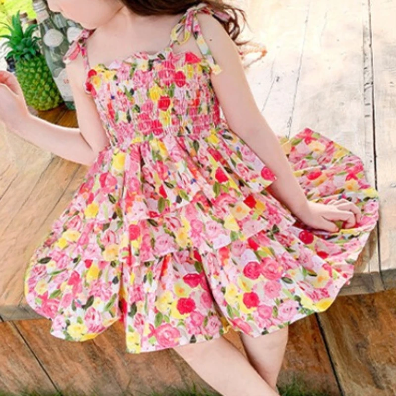 New Forest Style Floral Camisole Cake Dress for Girls Daily Summer Cotton Skirt Children's Birthday Gift Baby Fluffy-dress