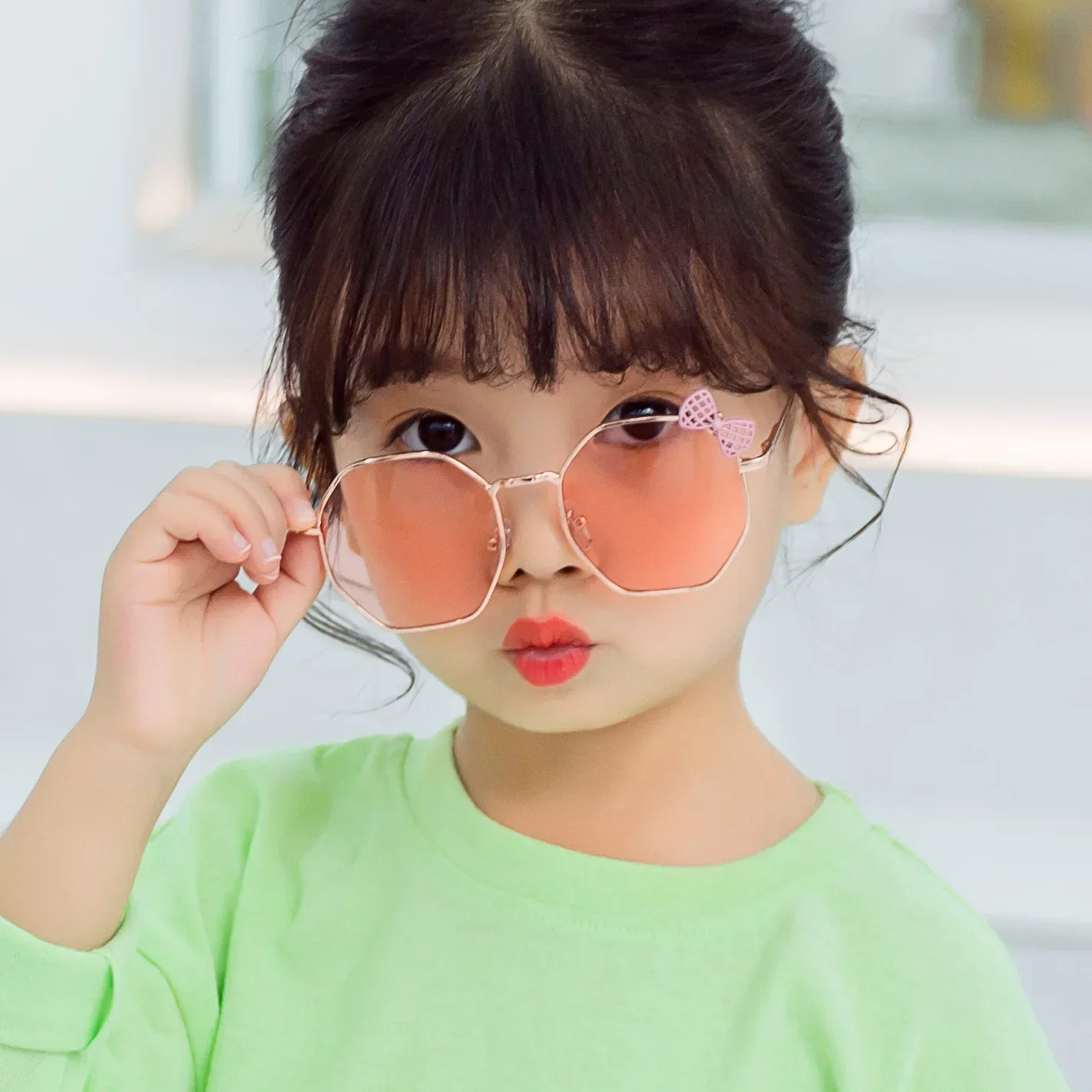 Trendy Fashion Boys and Girls Bow Metal Sunglasses B010 Polygon Trend Children's Sun Glasses Kids Outdoor UV400 Eyewear