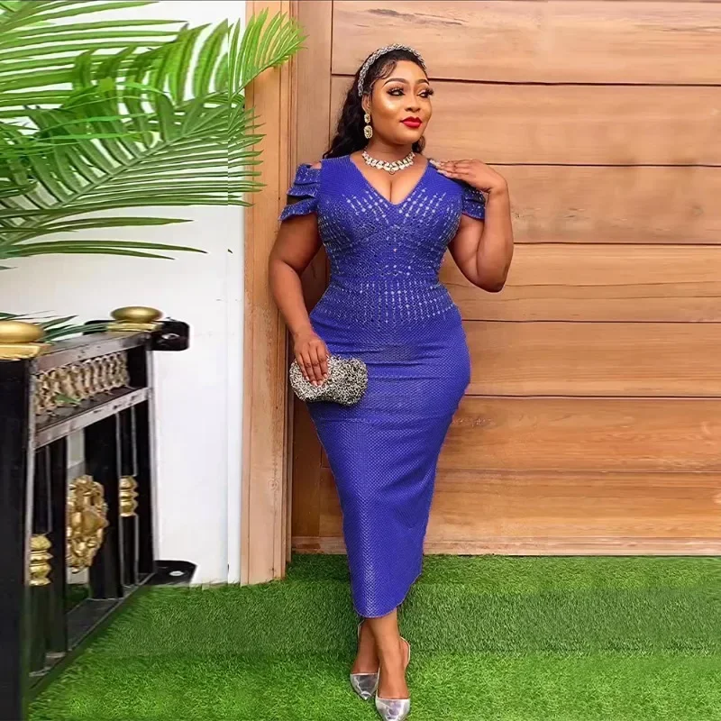 

2023 African Clothing African Party Wedding Dresses for Women Autumn Elegant Short Sleeve V-neck Evening Bodycon Dress Robes